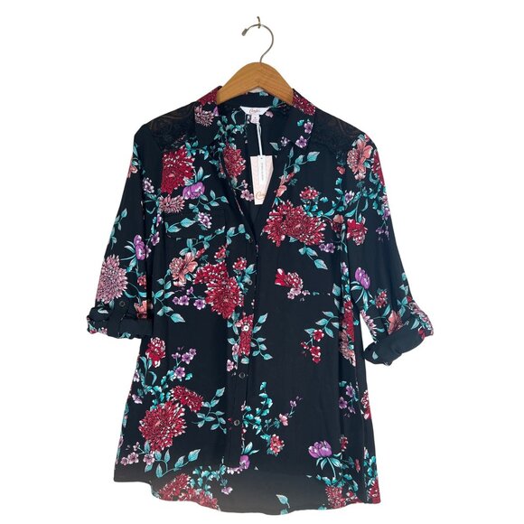 NWT Candies Women's Size M Black Floral Blouse Tab Sleeves Lace Shoulder Insert - Picture 1 of 11
